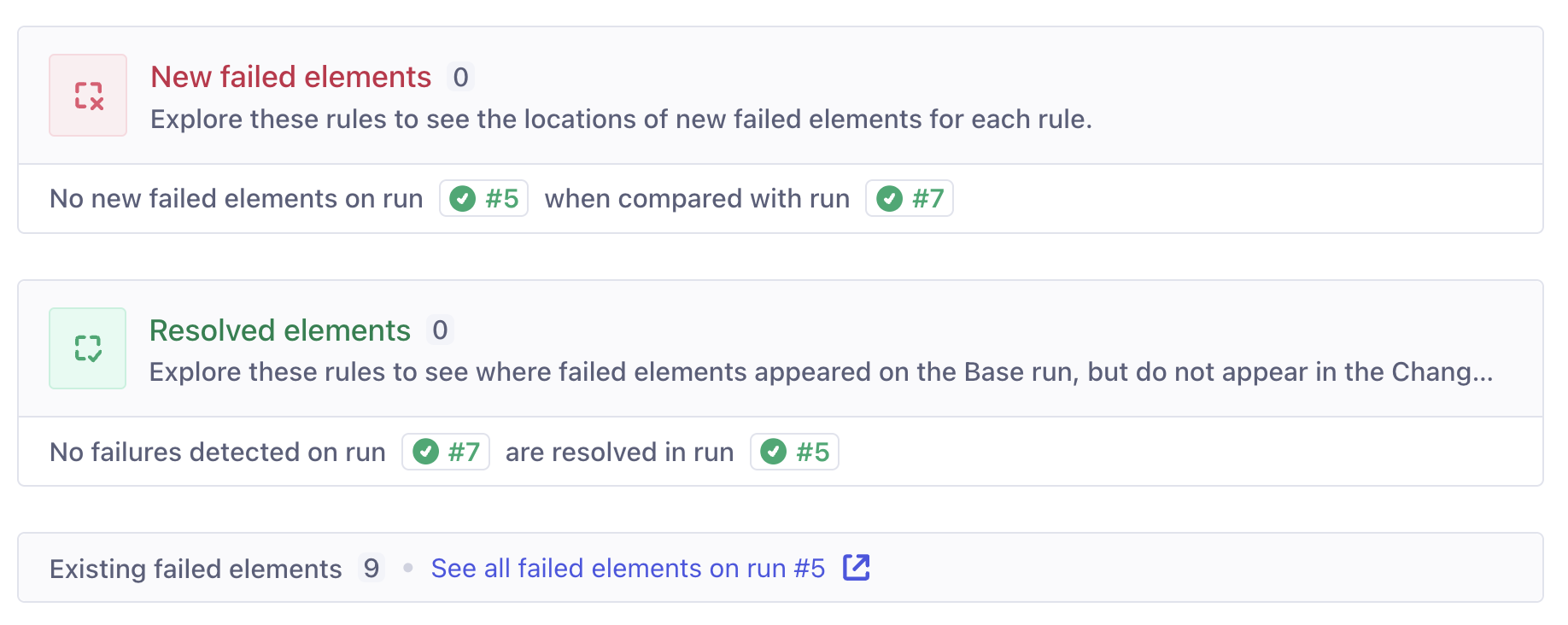 The new and resolved elements sections each showing a message to explain that there are no findings