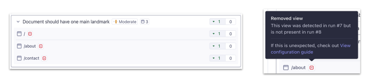 Cypress Accessibility Branch Review showing several added views in a report, with a plus sign beside each one and a tooltip explaining that the view was seen in one report, but not the other.