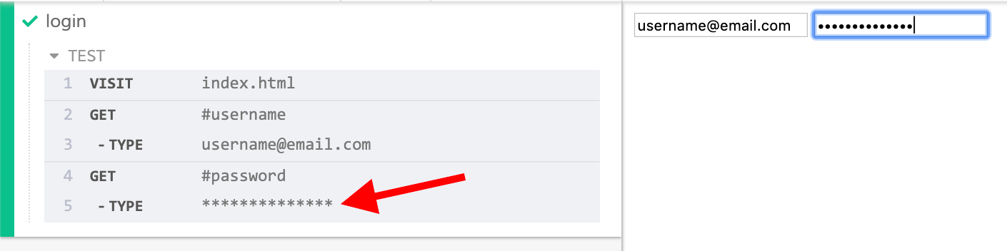 Cypress command log showing masked password as asterisks within type command