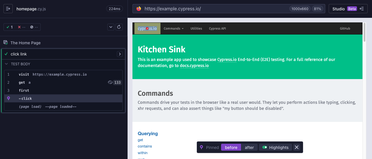 Cypress App highlighting the click command with the red hitbox highlighted over the element