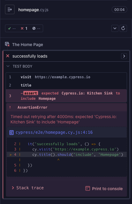 Cypress with a single failed test
