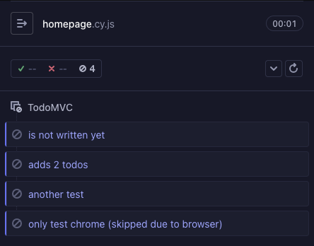 Cypress with four pending test