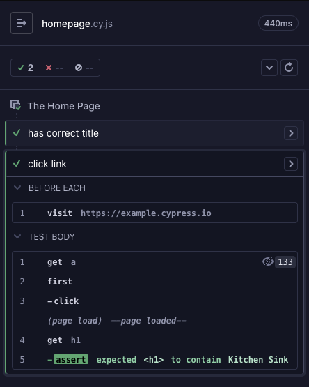 Cypress Command Log showing test commands and hooks