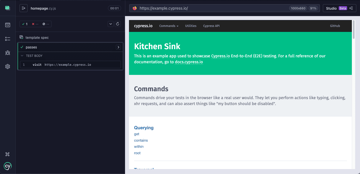 Cypress showing the newly created spec passing